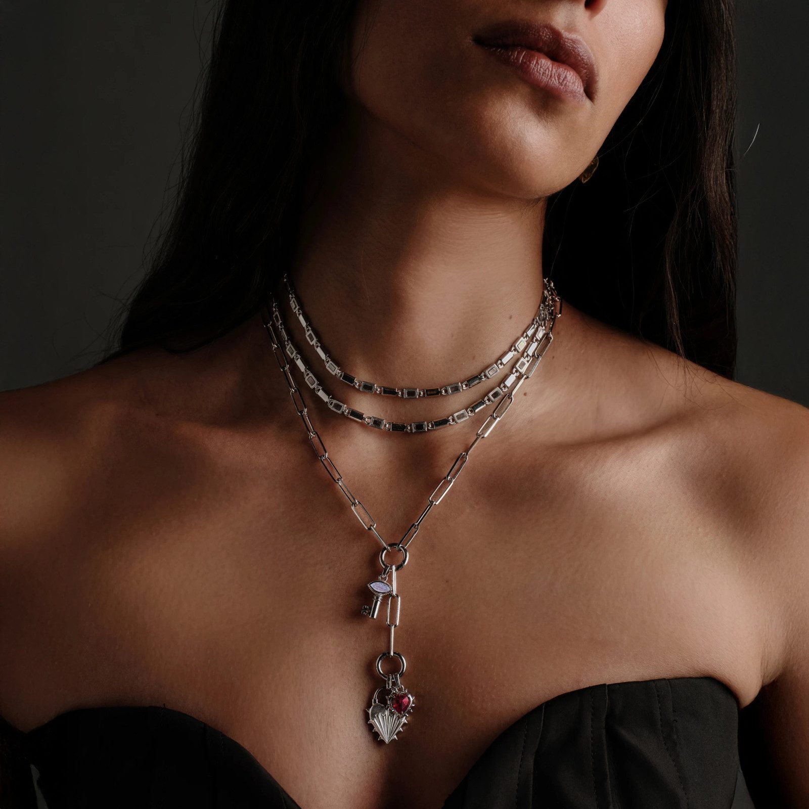Silver Charm Necklaces with Red Stone Heart Silver Charm Necklaces with Red Stone Heart