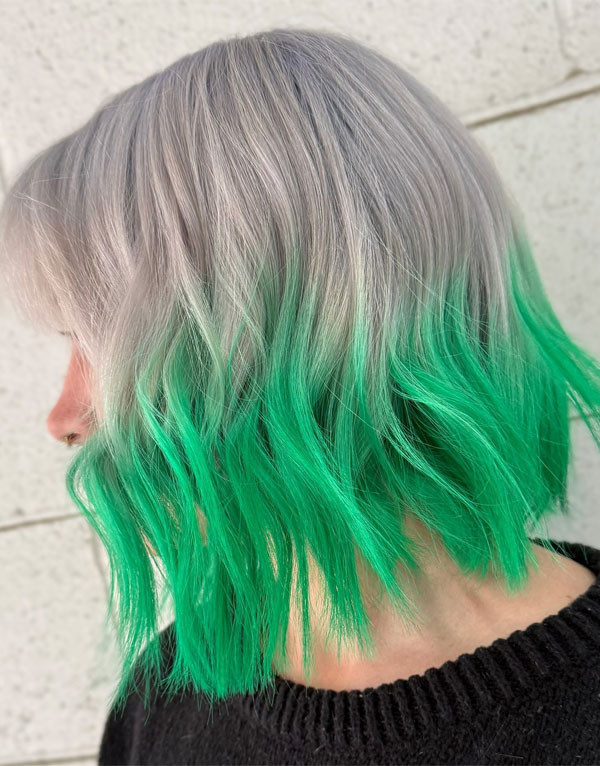 Silver Blonde Bob With Green Ombre Tips — Green Hair