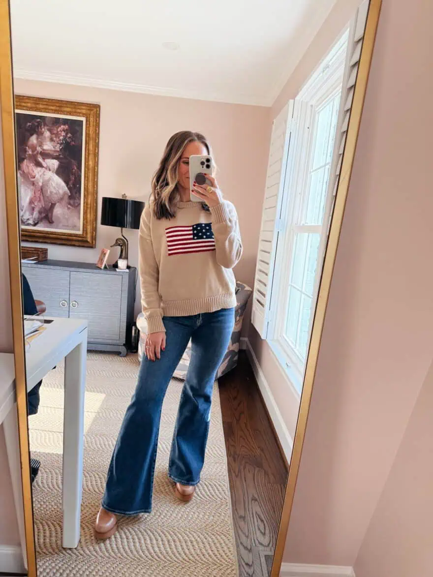 Patriotic Graphic Sweater with Dark Wash Flares — Flare Jeans