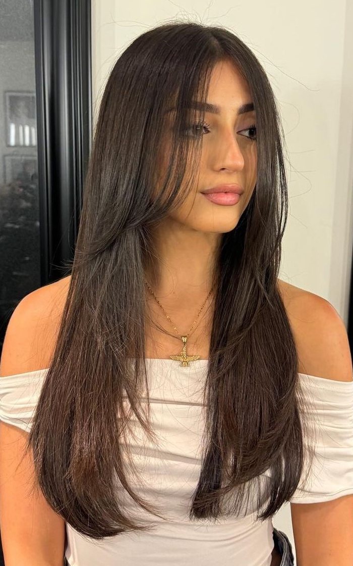 Off-the-Shoulder White Top with Soft Bangs Off-the-Shoulder White Top with Soft Bangs — Long Curtain Bangs
