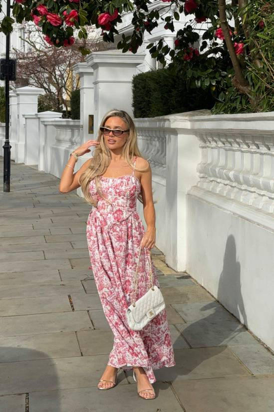 Pink Floral Jacquard Midaxi Dress with Strappy Heels for Daytime Events — Milkmaid Dresses