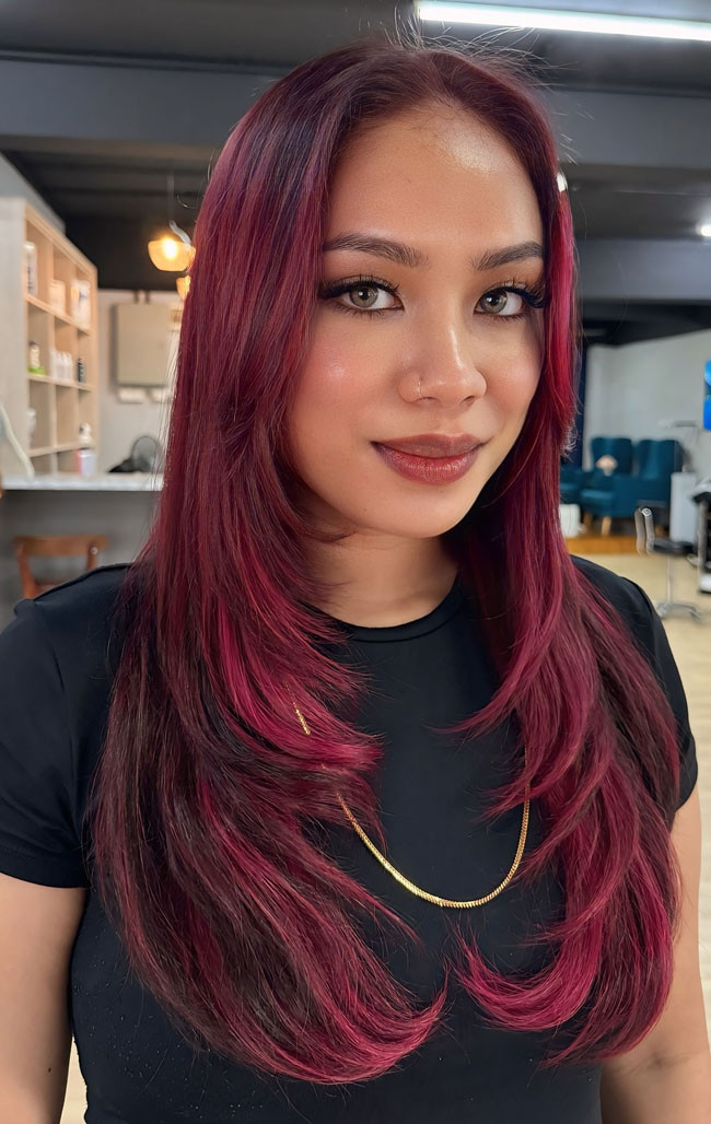 Long Layered Haircut Magenta Balayage Collarbone Straight — Magenta Hair