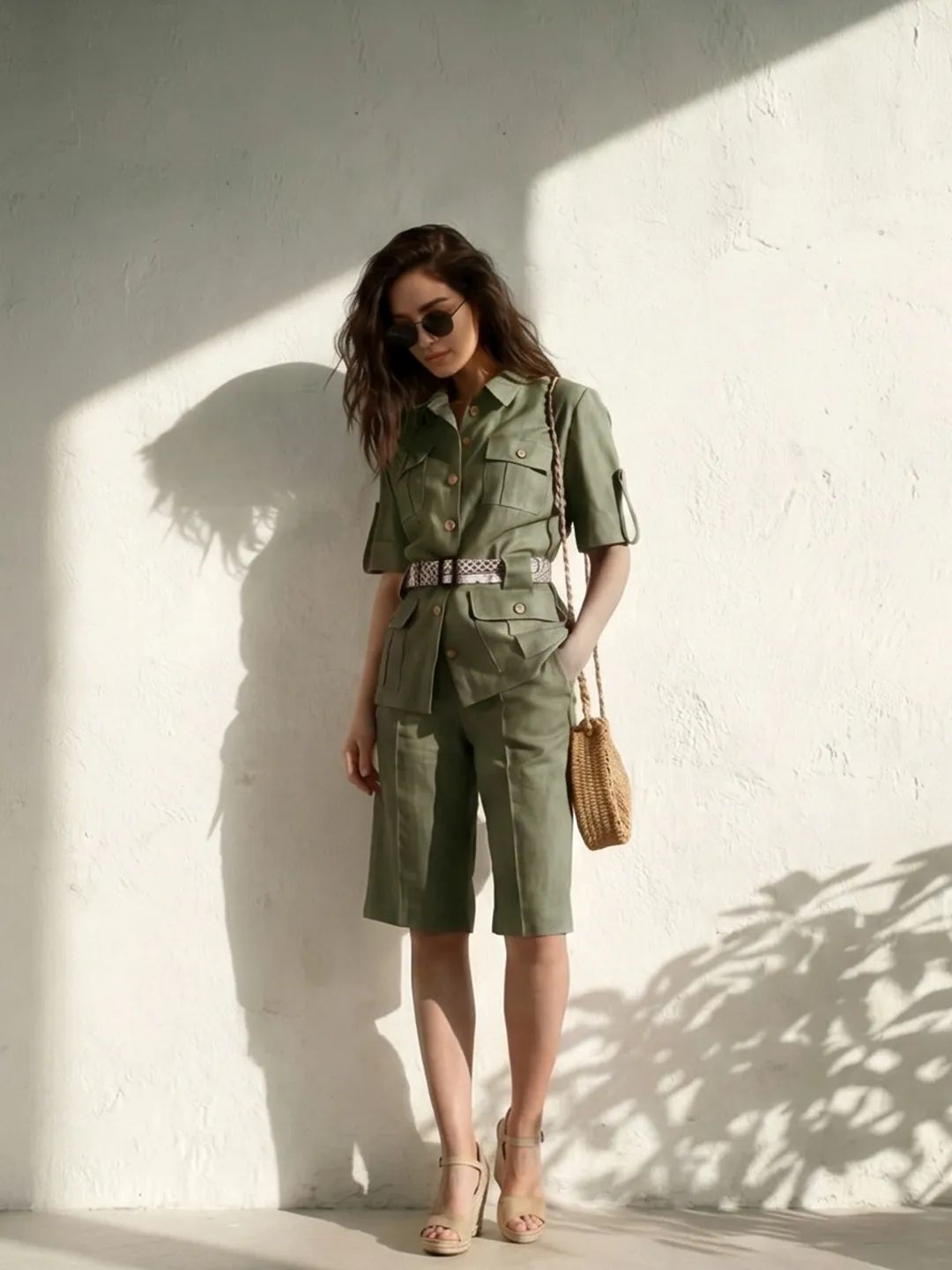 Olive Green Linen Safari Shirt and Shorts Set — Safari Outfits