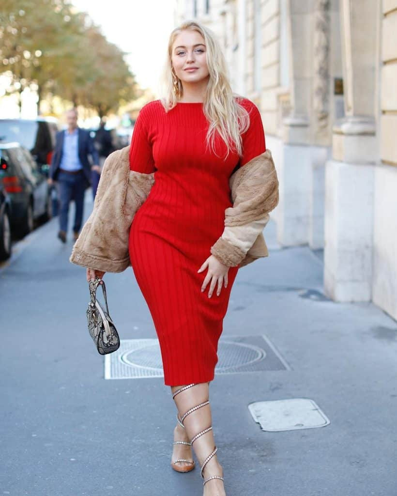 Vibrant Red Ribbed Knit Midi Dress for a Defined Silhouette Vibrant Red Ribbed Knit Midi Dress for a Defined Silhouette — Dresses for Hourglass Shape