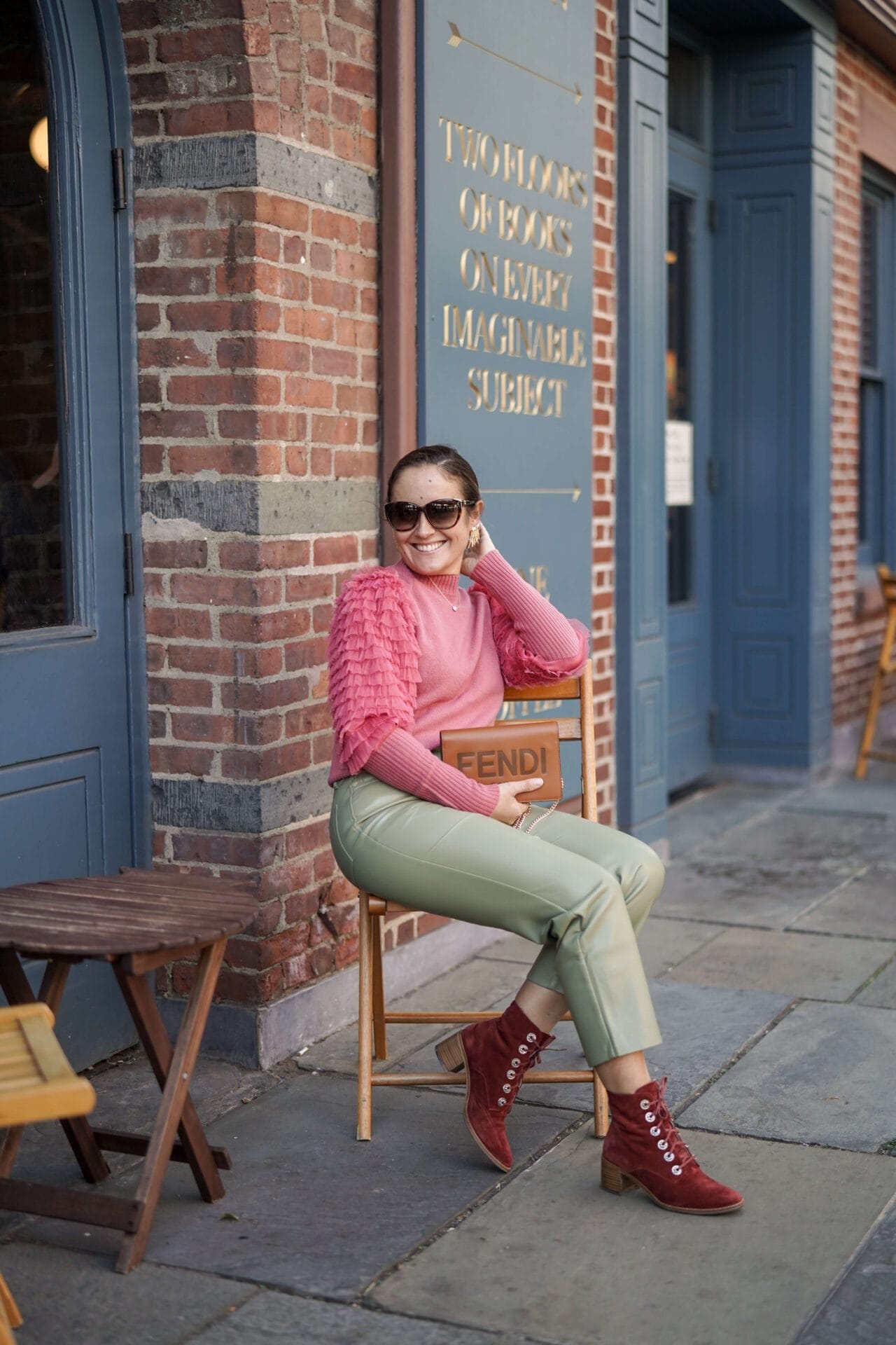 Playful Pink Sweater with Green Faux Leather Pants for Fall — Aritzia Outfits