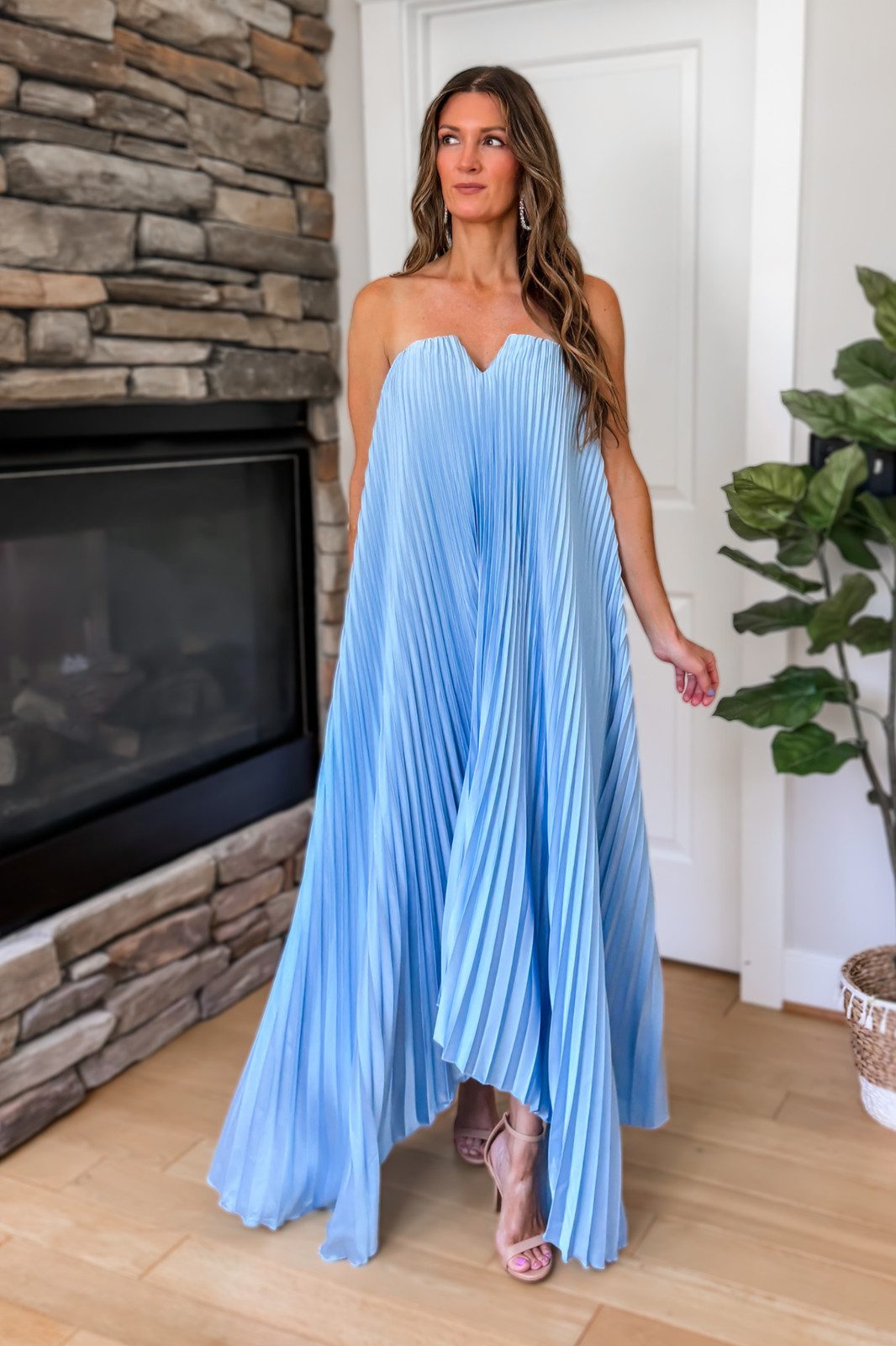 Light Blue Pleated Satin High-Low Dress — High Low Dresses