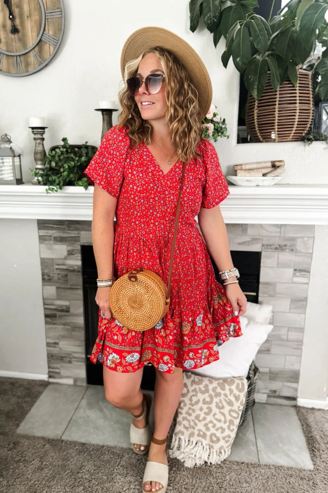 Summer Fun with Floral Mini Dress and Hat — Round Sunglasses Outfits