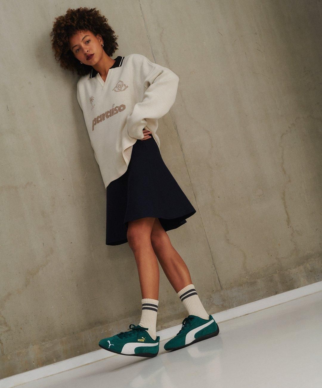 Preppy Vibes: A-Line Skirt, Collared Sweater, and Green Speedcats Preppy Vibes: A-Line Skirt, Collared Sweater, and Green Speedcats — Puma Speedcat Outfits