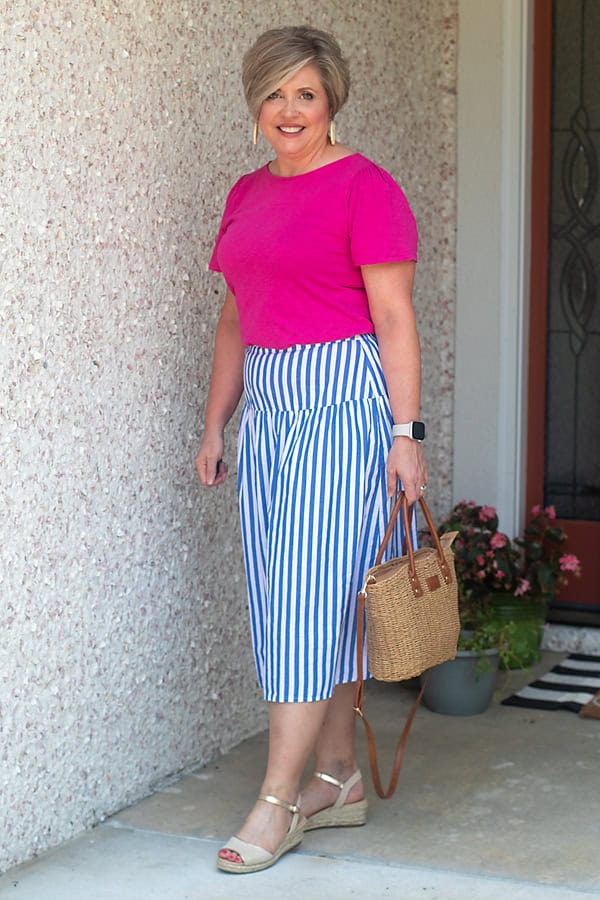 Striped A-Line Midi Skirt with a Puff-Sleeve Top — Midi Skirt Outfits