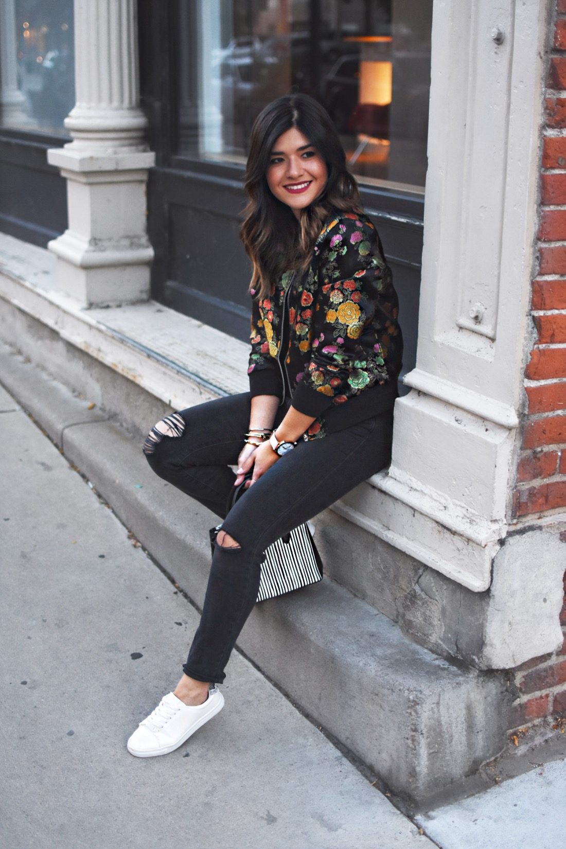 Embroidered Black Bomber with Ripped Skinny Jeans — Bomber Jacket Outfits