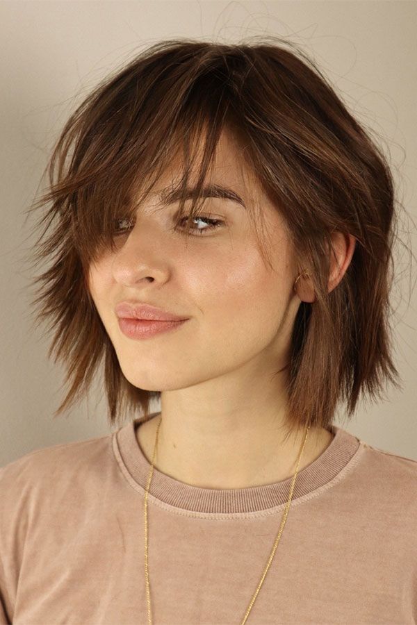 Medium Brown Bob With Wispy Bangs — Choppy Bob