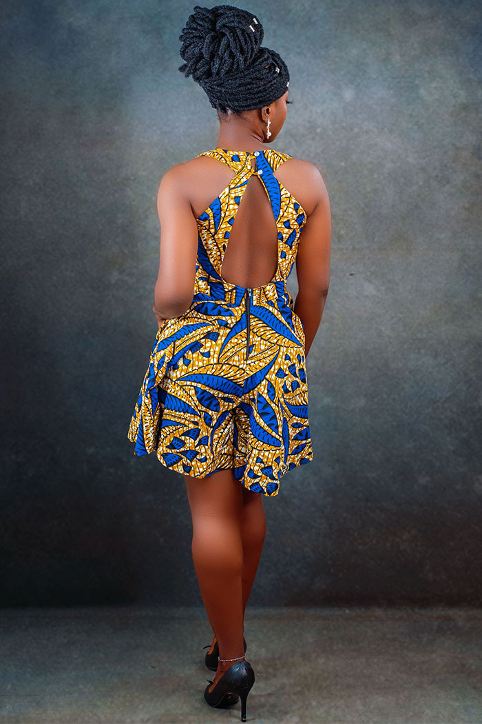 Blue and Yellow Ankara Jumpsuit with Open Back Blue and Yellow Ankara Jumpsuit with Open Back — Ankara Outfits