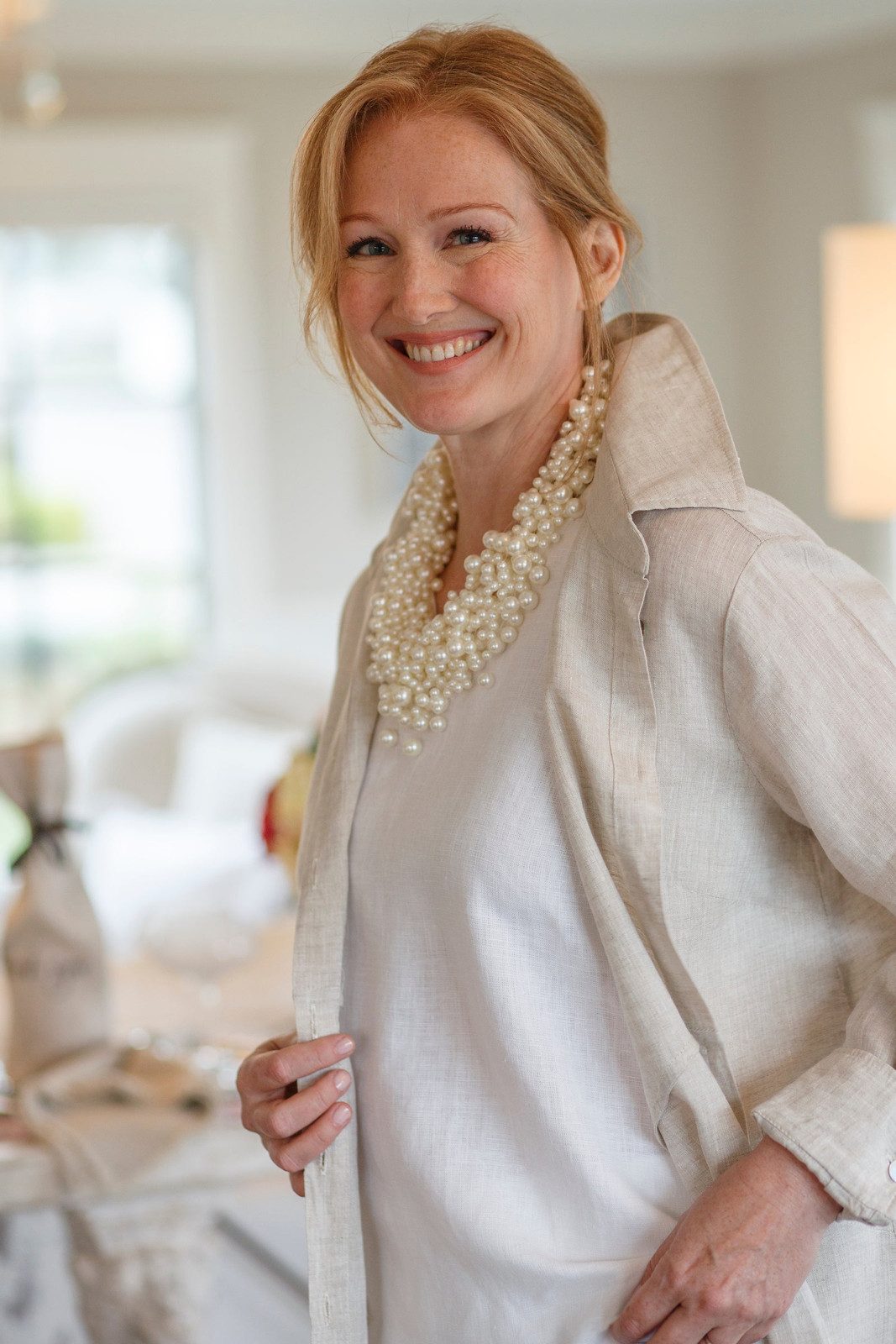 Chunky Multi-Strand Pearl Necklace with Linen Separates Chunky Multi-Strand Pearl Necklace with Linen Separates — Pearl Necklace Outfits