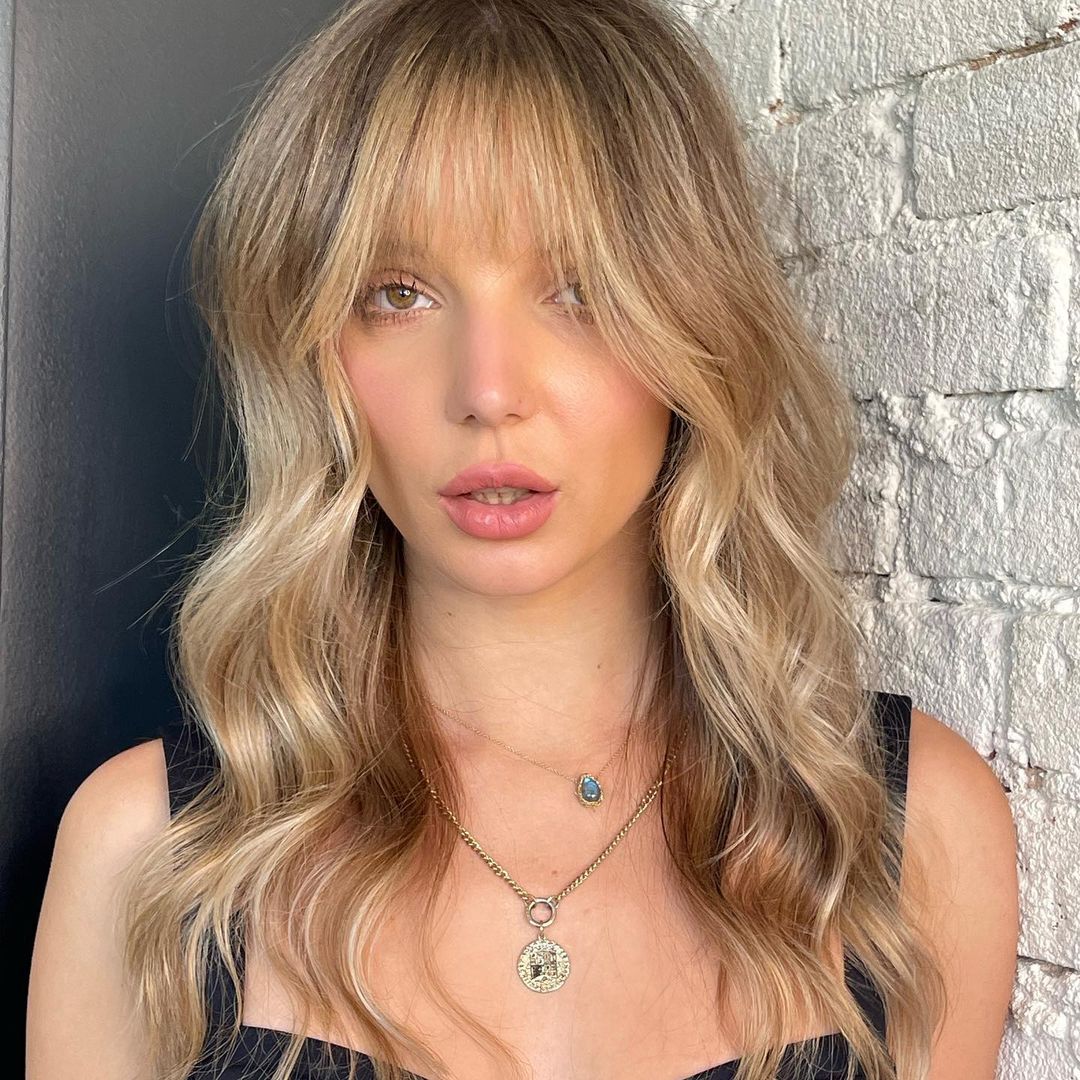 Layered Gold Necklaces with French Bangs and a Tank Layered Gold Necklaces with French Bangs and a Tank