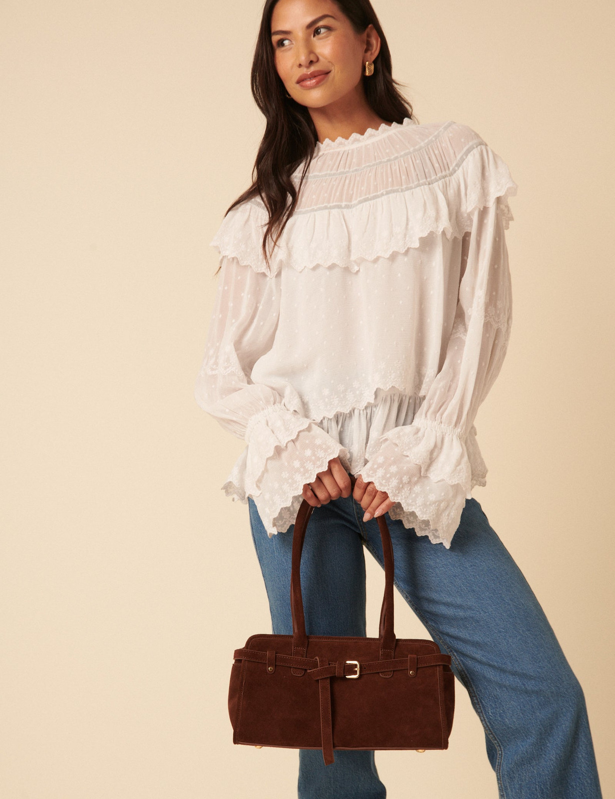 Casual Denim: Suede Baguette with Ruffled Blouse Casual Denim: Suede Baguette with Ruffled Blouse — Baguette Bag Outfits