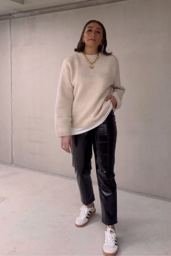 Cozy Comfort: White Adidas Spezial with Fuzzy Sweater and Trousers Cozy Comfort: White Adidas Spezial with Fuzzy Sweater and Trousers — Adidas Spezial Outfits