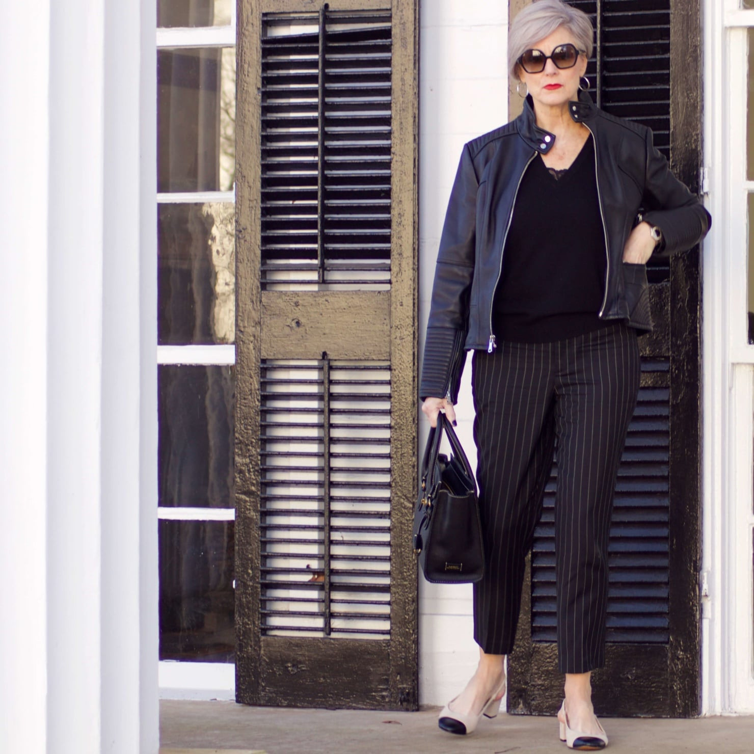 Smart Casual Edge: Black Pinstripe Cropped Pants with Leather Jacket — Pinstripe Pants Outfits