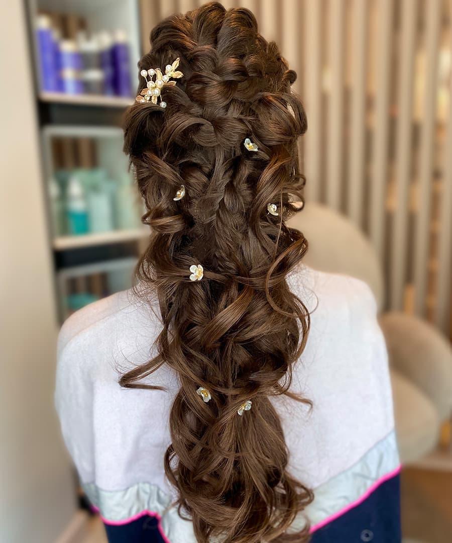 Dark Brown Updo With Braids and Curls — Mermaid Braid