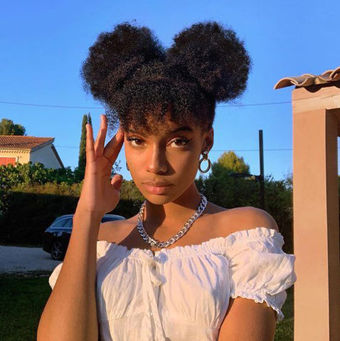 Voluminous Black Space Buns with Full Bangs — Space Buns Natural Hair