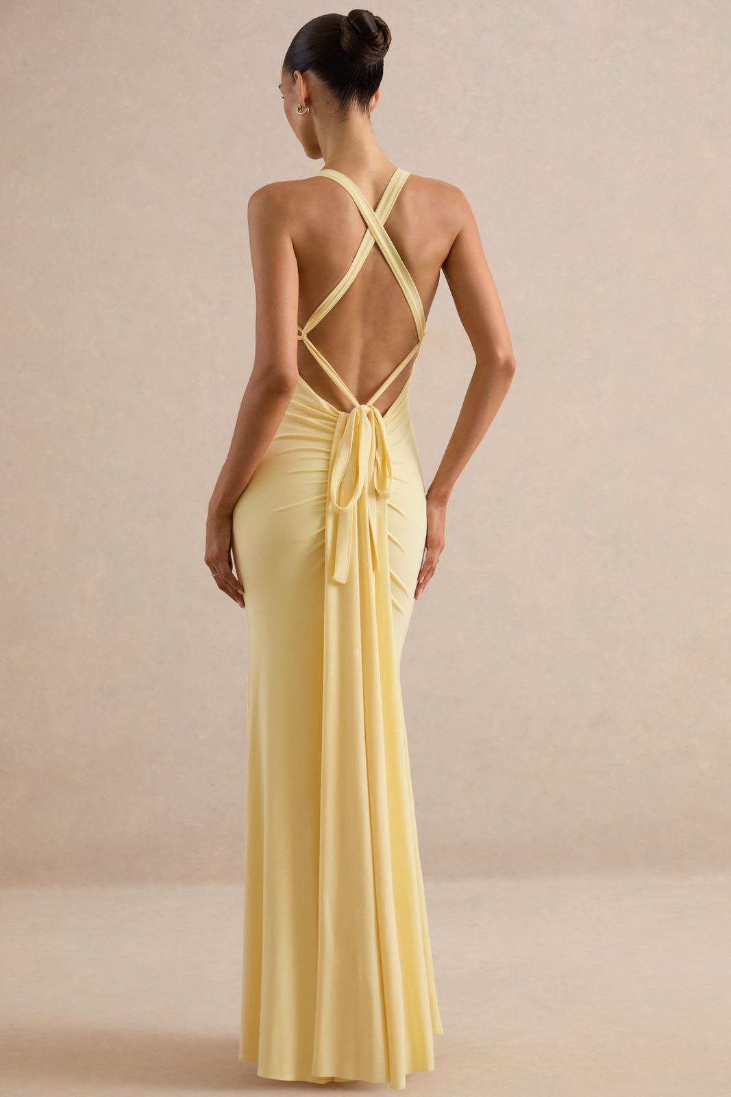 Pale Yellow Fishtail Maxi with Criss-Cross Straps Pale Yellow Fishtail Maxi with Criss-Cross Straps — Backless Dresses