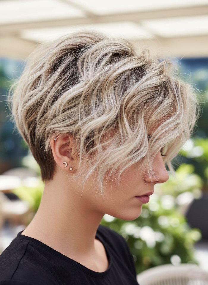 Pearl Blonde Wavy Pixie Cut for Thick Hair with Soft Undercut