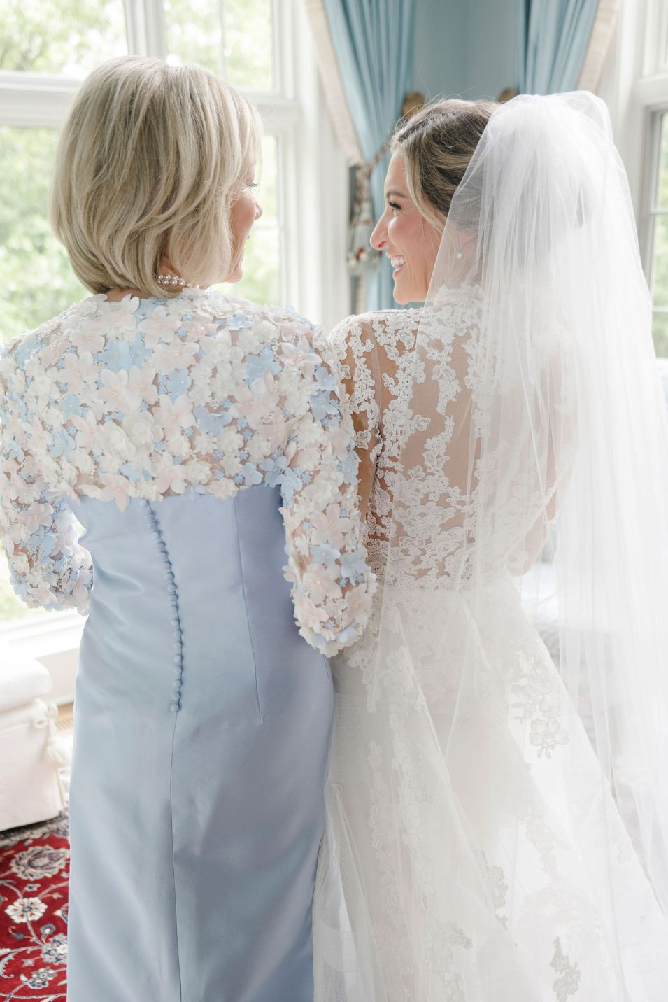 Light Blue Button-Back Dress with Floral Embellished Bolero Light Blue Button-Back Dress with Floral Embellished Bolero — Mother of the Bride Dresses