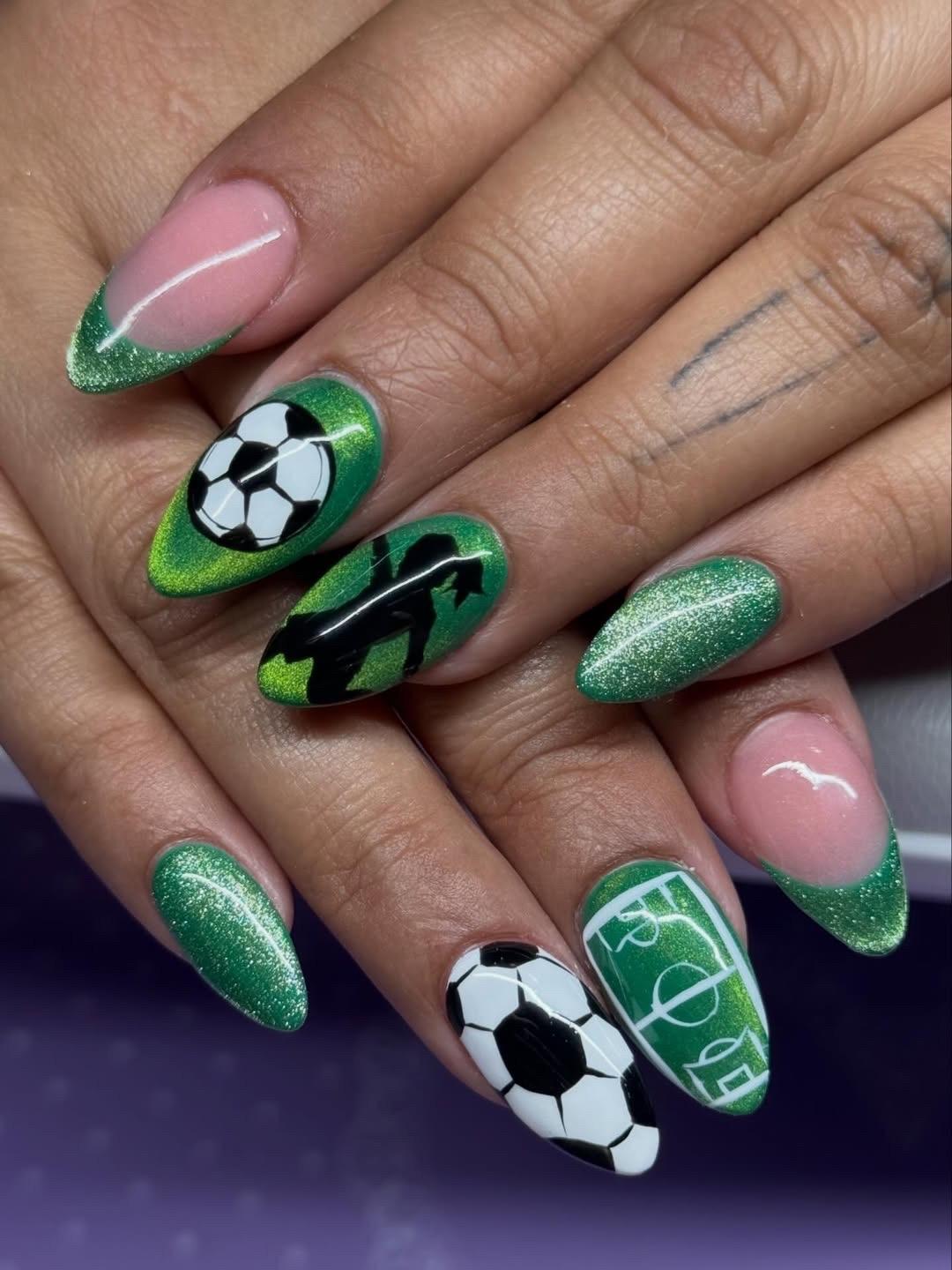 Green Shimmer Nails with Soccer Player Silhouette Green Shimmer Nails with Soccer Player Silhouette — Soccer Nails