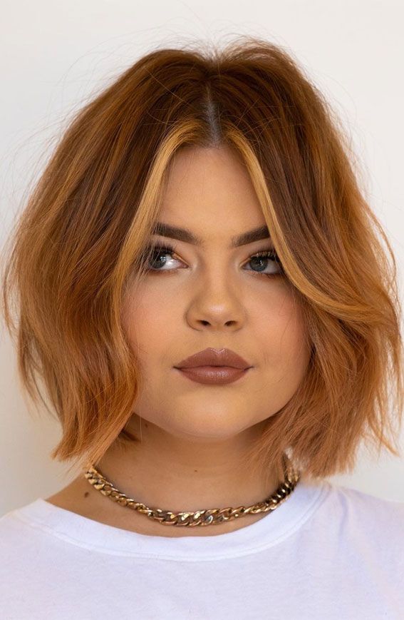 Copper Bob with Blonde Money Piece — Bob for Round Face