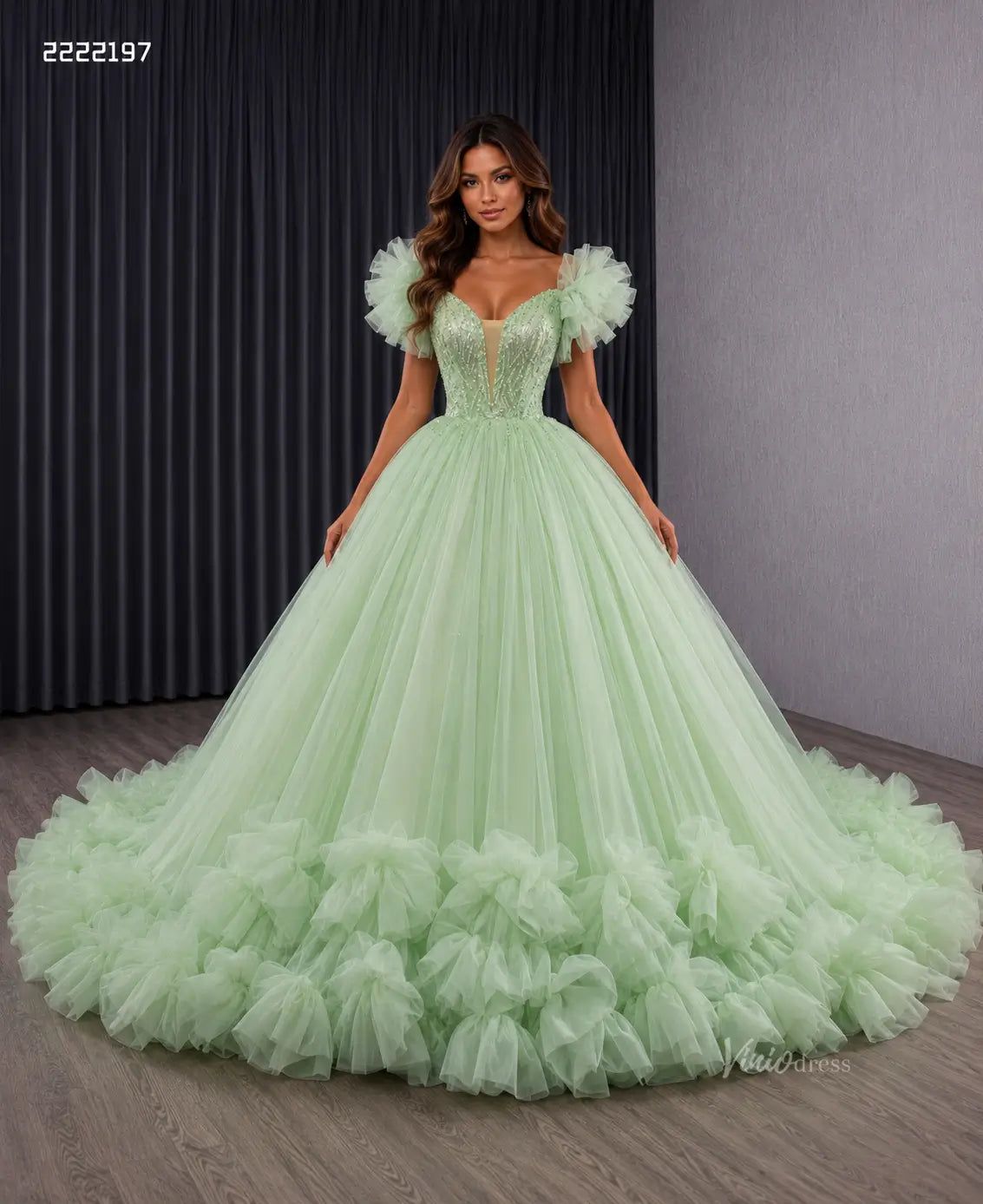 Dramatic Sage Green Off-the-Shoulder Ball Gown — Sweet 16 Dresses