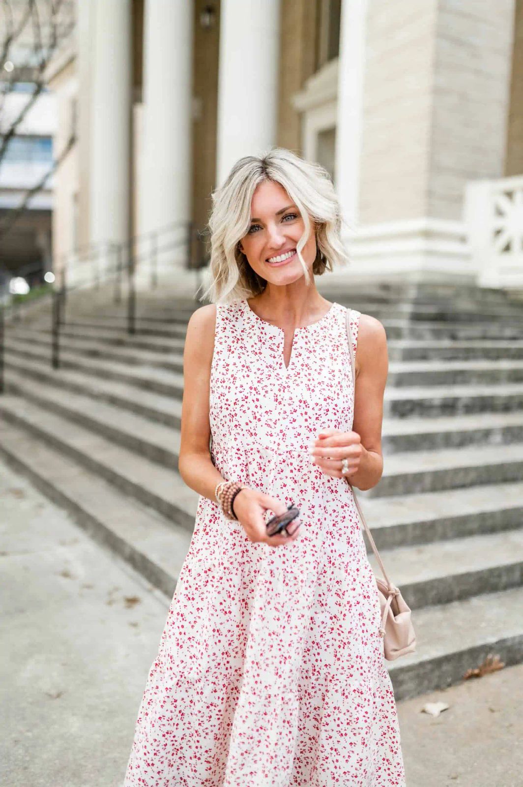 White Red Floral Midi Dress with A-Line Silhouette and Crossbody Bag — Midi Dress Outfits