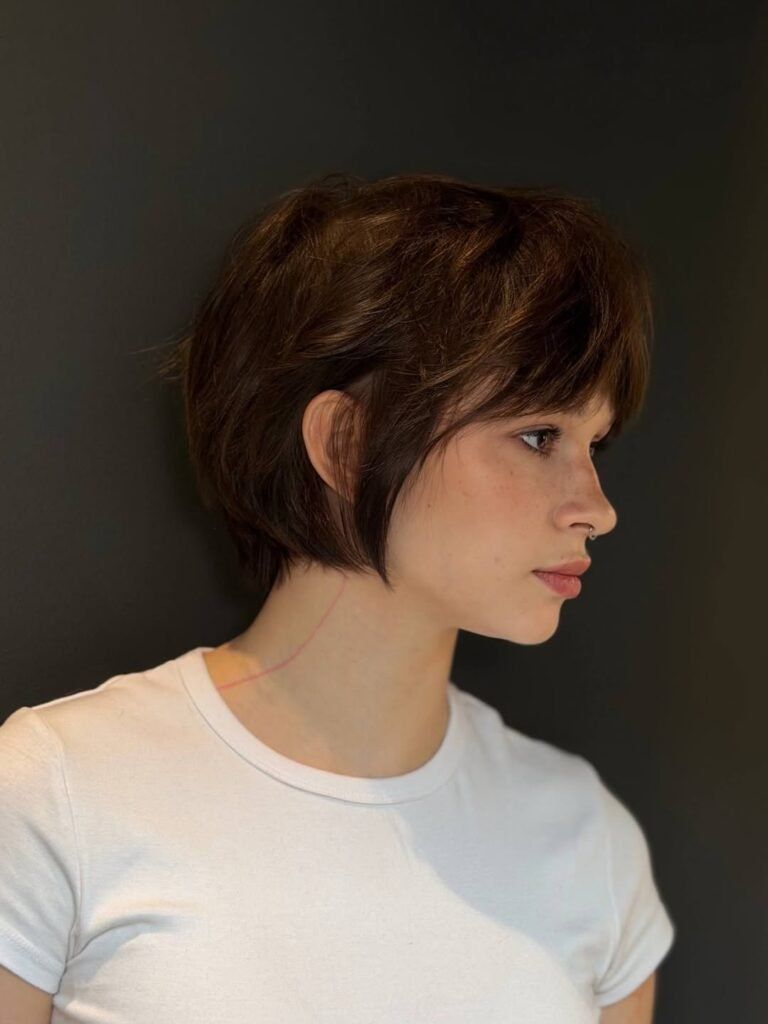 Chin-Length Voluminous Dark Brown Curly Bixie Chin-Length Voluminous Dark Brown Curly Bixie — Bixie Haircut