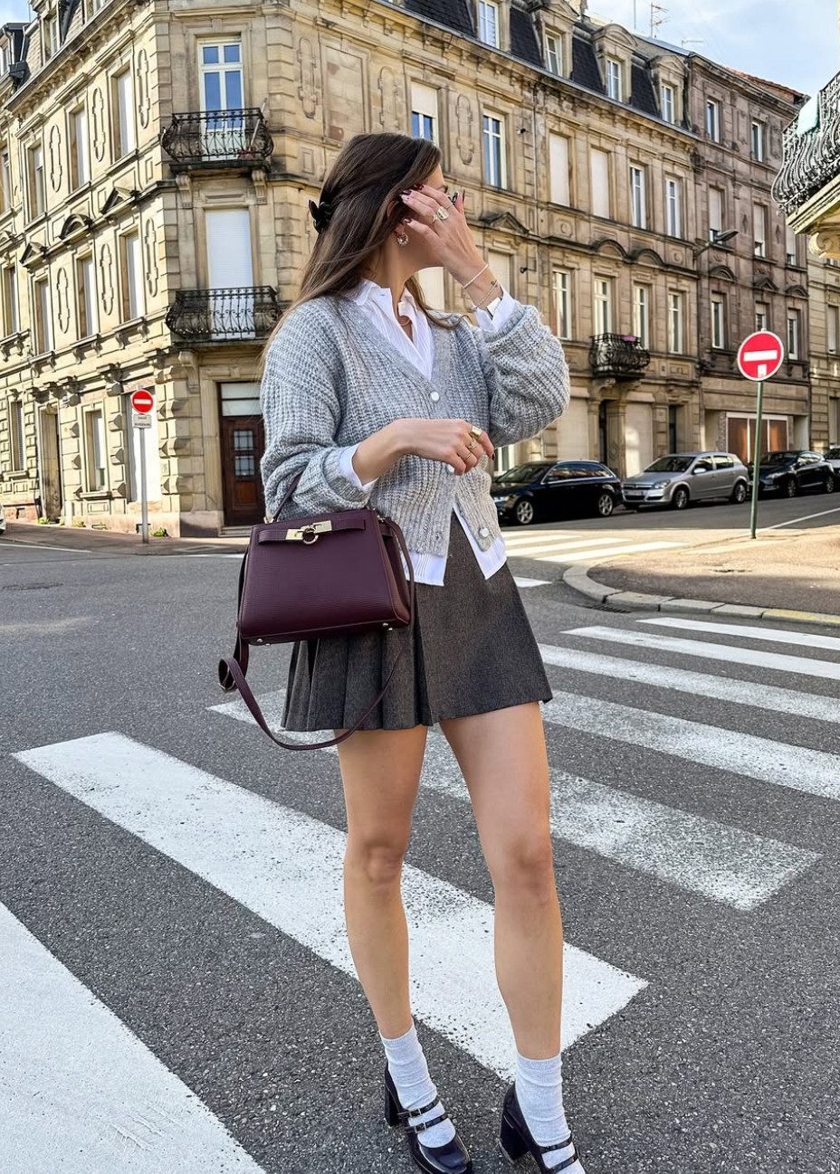 Preppy Pleated Mini Skirt with Navy Double-Strap Mary Janes — Chunky Mary Janes Outfits