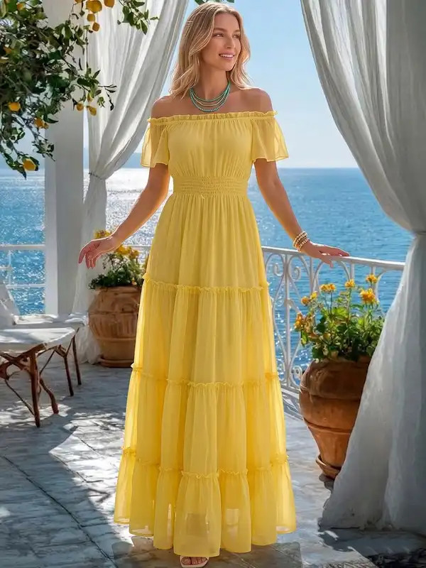 Yellow Off-the-Shoulder Chiffon Tiered Maxi Dress — Off the Shoulder Dresses