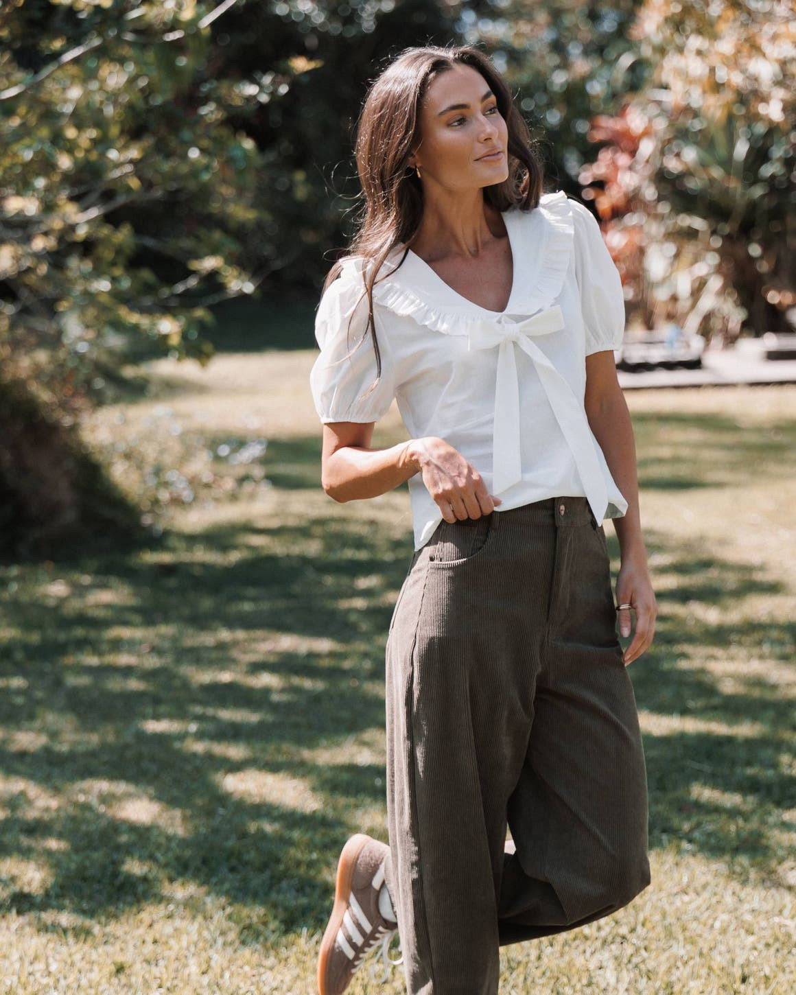 Olive Corduroy Culottes and Ruffled Blouse — Country Club Casual Outfits