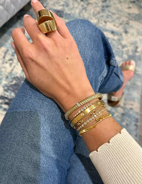 Extensive Gold Bracelet and Ring Stack with Denim — Gold Jewelry Stack