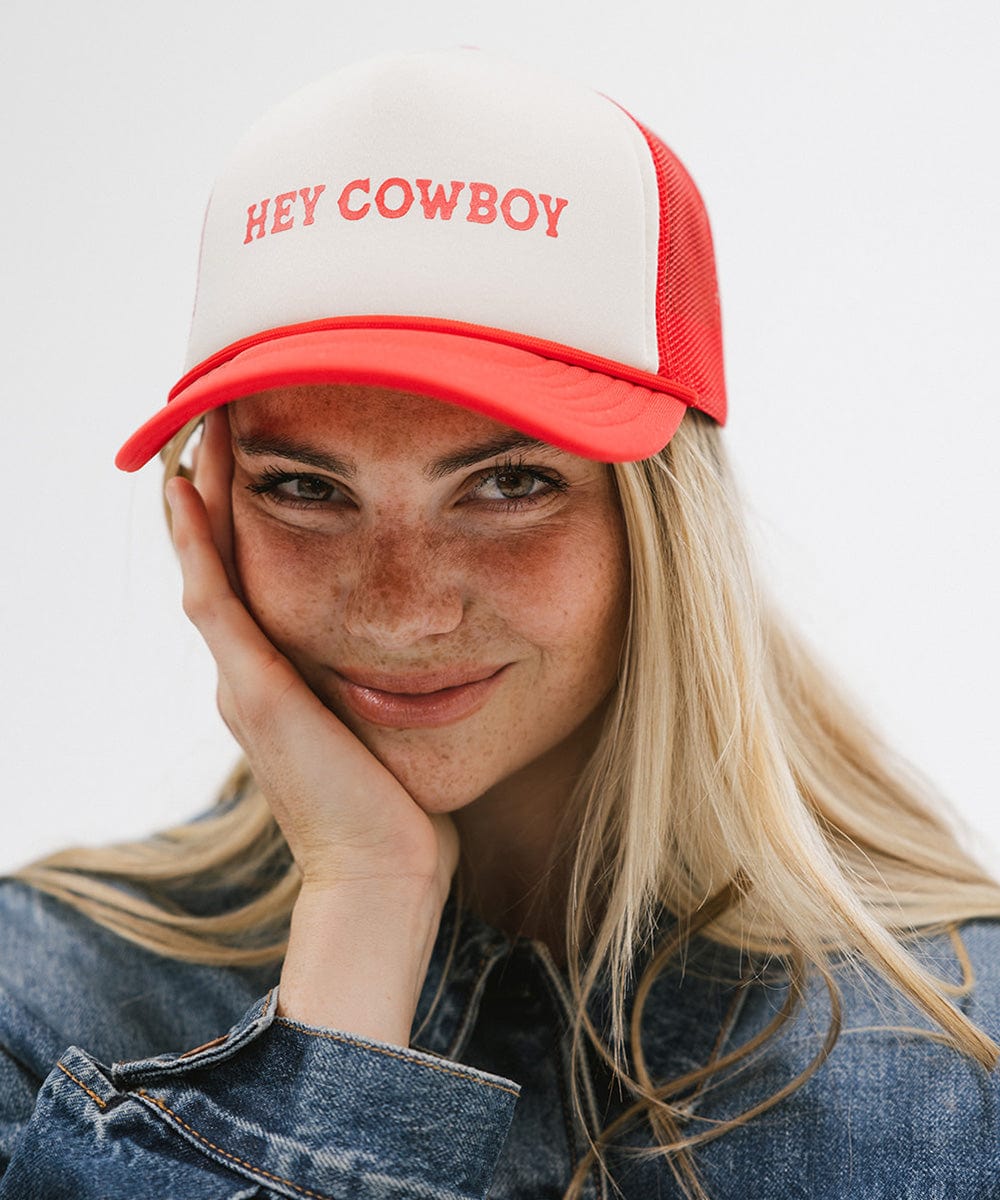Bold 'Hey Cowboy' Trucker Hat with Denim Jacket Bold
