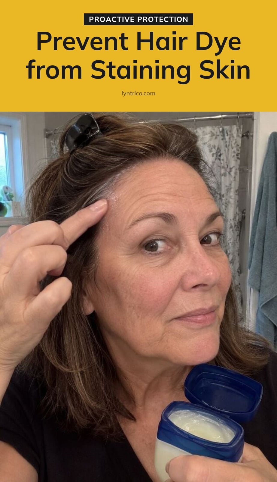 A woman applies petroleum jelly to her hairline with her finger, holding a jar of petroleum A woman applies petroleum jelly to her hairline with her finger, holding a jar of petroleum — how to get hair dye off skin