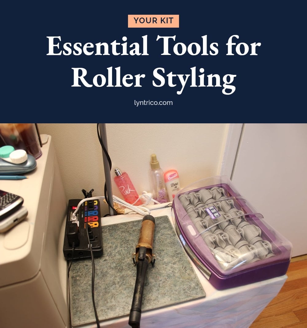 Hair rollers in a purple case sit next to a curling iron and styling spray bottles on a vanity Hair rollers in a purple case sit next to a curling iron and styling spray bottles on a vanity — how to use hair rollers
