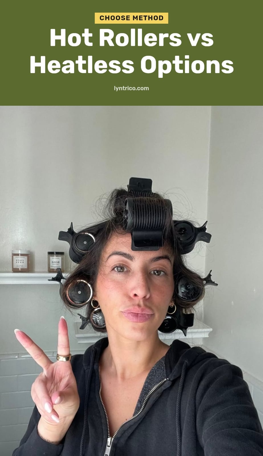 Woman with dark hair applying black hot rollers to sections of her dry hair Woman with dark hair applying black hot rollers to sections of her dry hair — how to use hair rollers