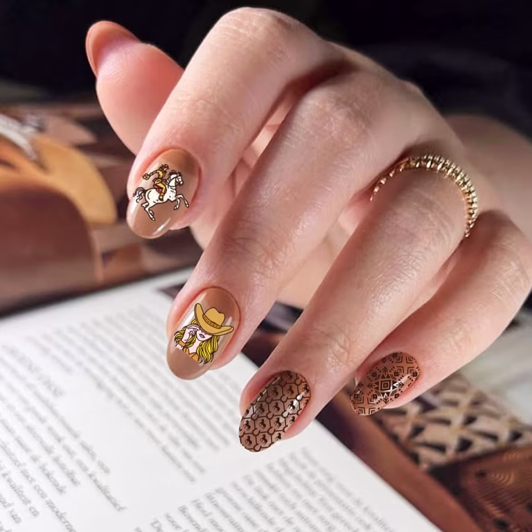 Medium Oval Tan Decals with Cowboy Art — Western Nails