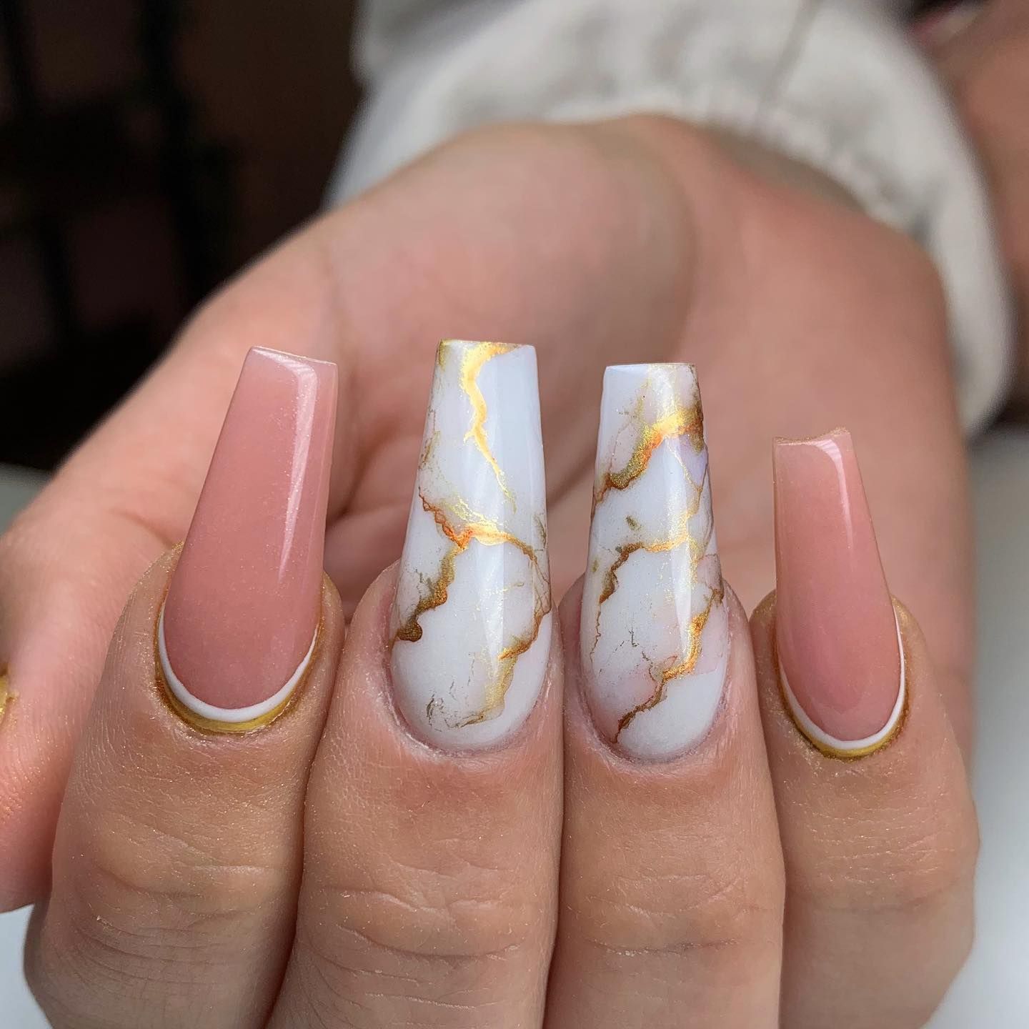 Marble Gold Vein and Gold Outline French Tip Coffin Nails Marble Gold Vein and Gold Outline French Tip Coffin Nails — Long Coffin Nails