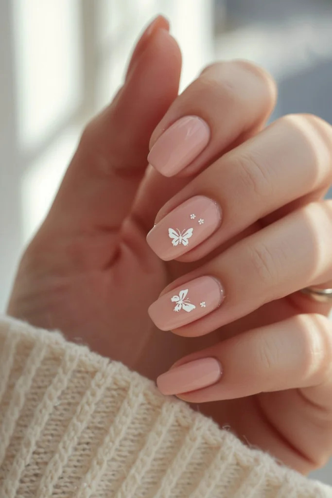 White Butterfly Decals Short Oval Peachy Nude White Butterfly Decals Short Oval Peachy Nude — Butterfly Nails