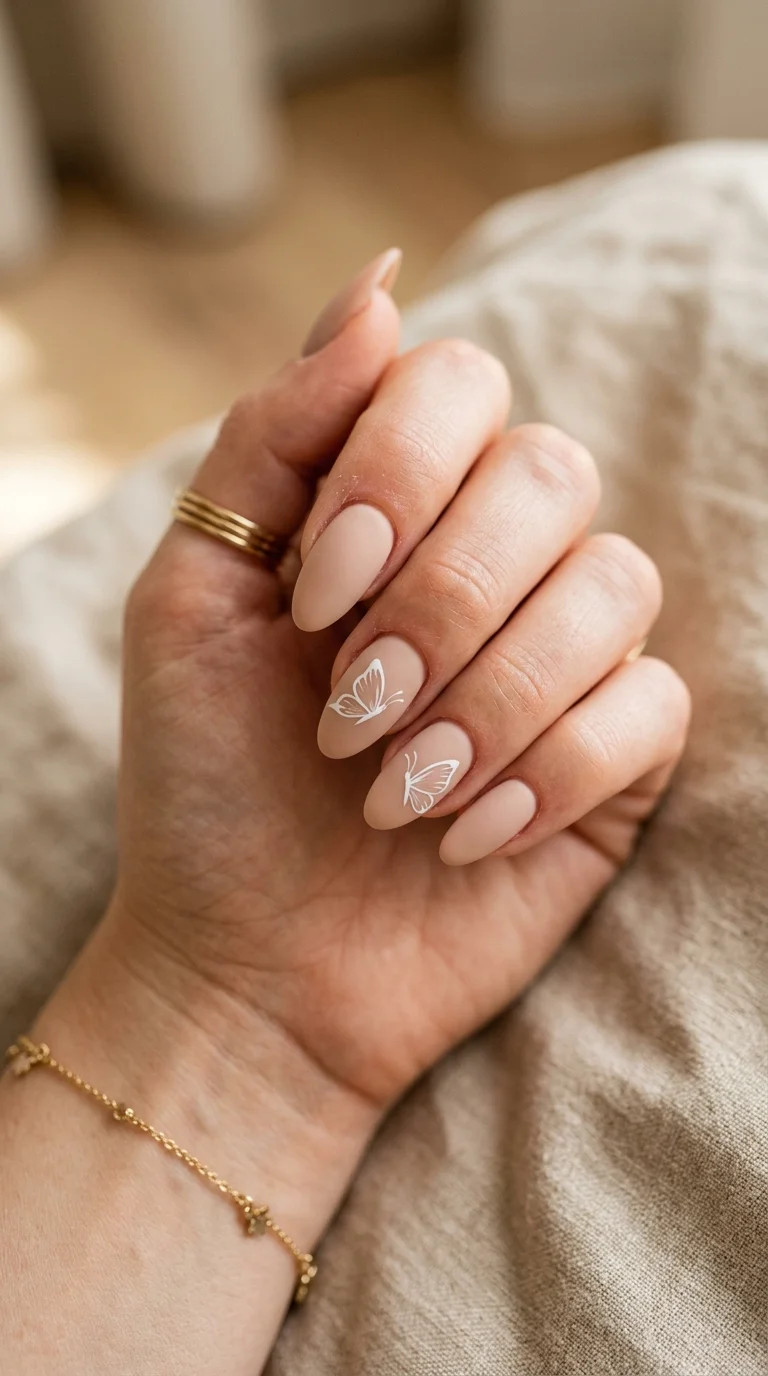 Matte Nude Minimalist Butterfly Outline Matte Nude Minimalist Butterfly Outline — Butterfly Nails
