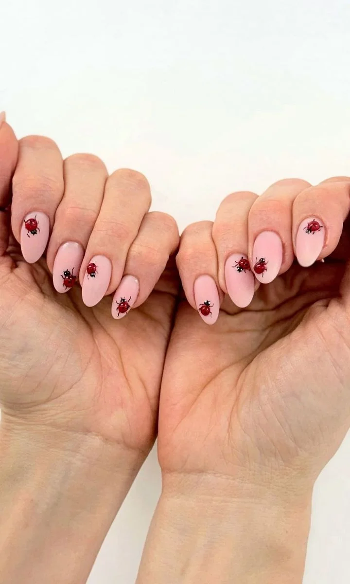 Any Season Short Oval Pale Pink with Ladybug Stickers — Ladybug Nails