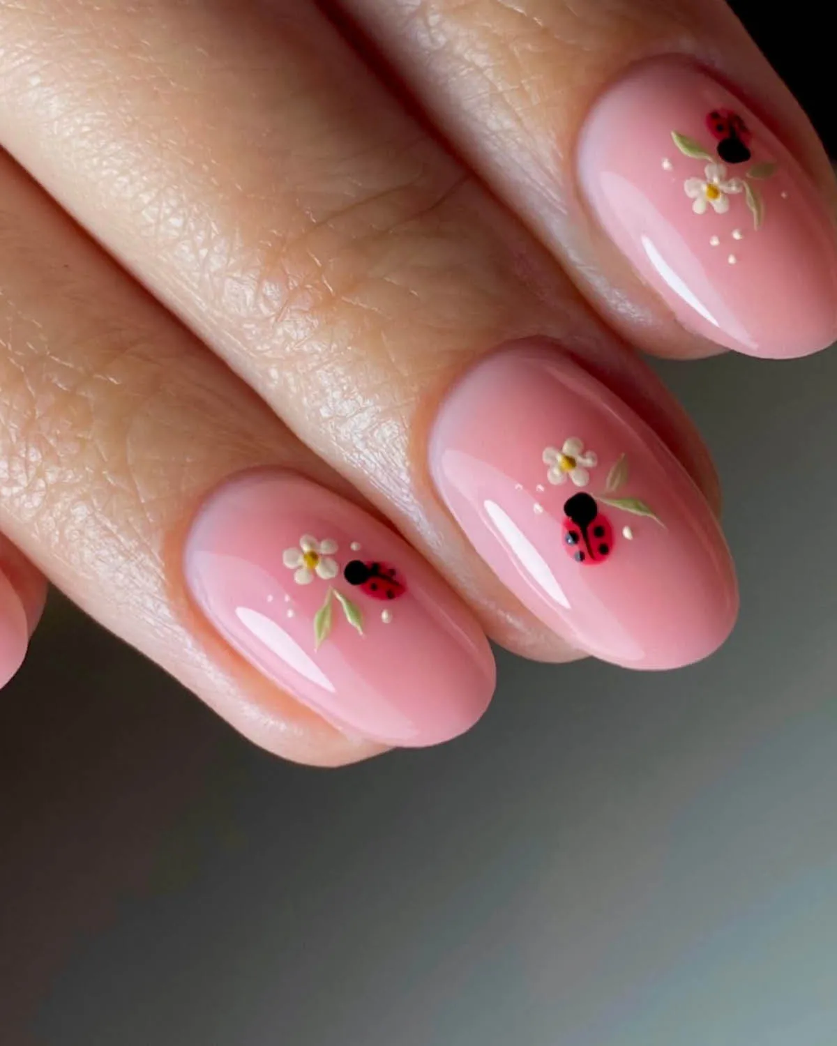 Medium Oval Pink Ladybug & Floral Art — Ladybug Nails