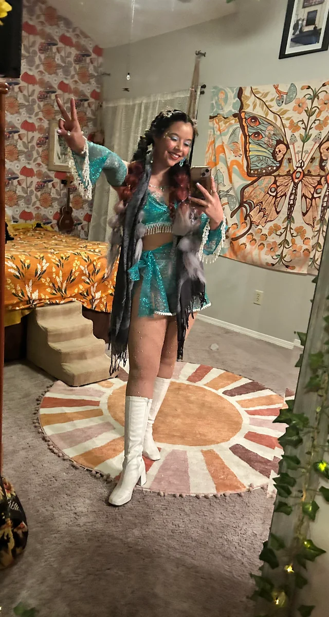 Teal Sequined Top with Flared Sleeves and Fringed Scarf — Rave Outfits