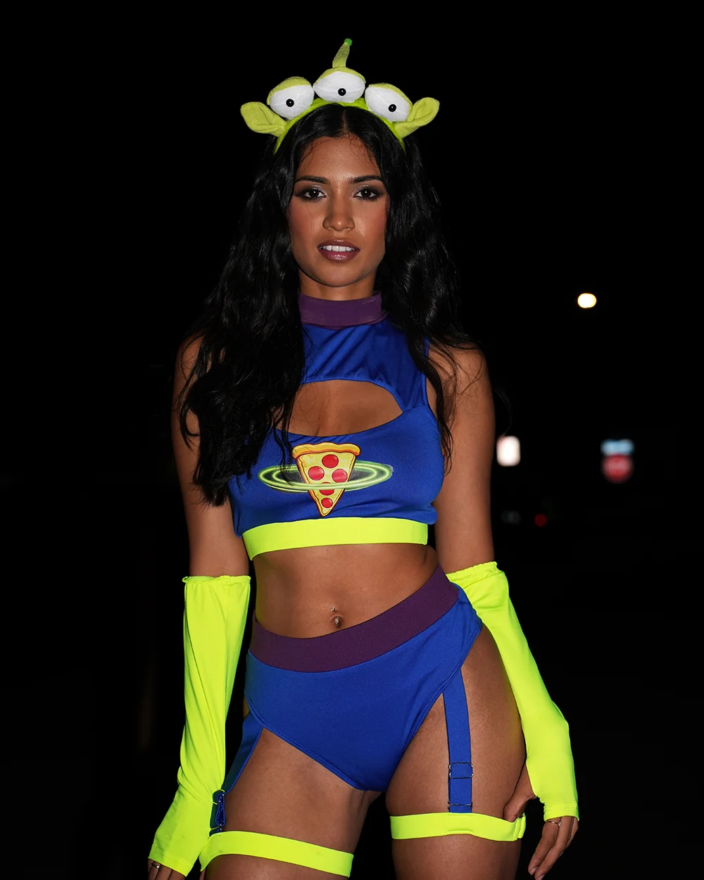 Futuristic Royal Blue Set with Neon Yellow Accents and Alien Headband — Rave Outfits