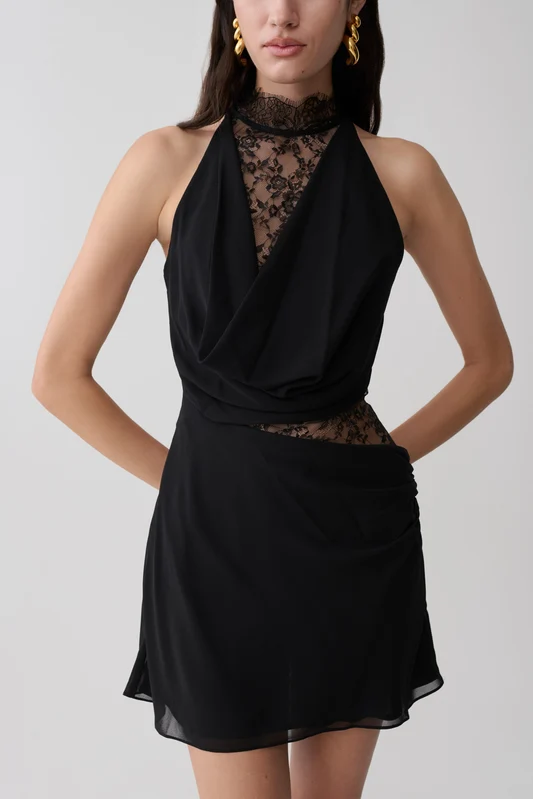 Black Halter Neck Dress with Lace Inserts and Ruching Black Halter Neck Dress with Lace Inserts and Ruching — 21st Birthday Outfits