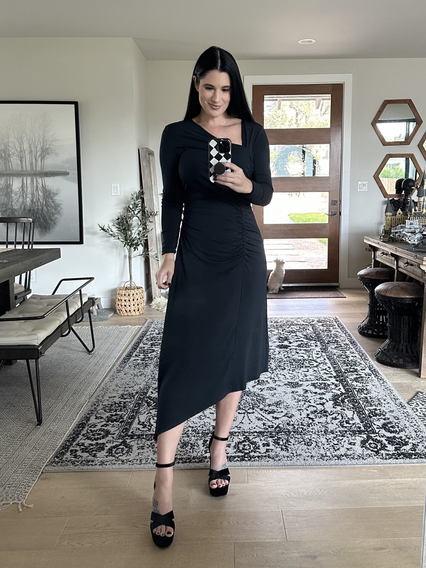 Ruched Asymmetrical Dress with Graphic Neckline Detail Ruched Asymmetrical Dress with Graphic Neckline Detail — Funeral Outfits