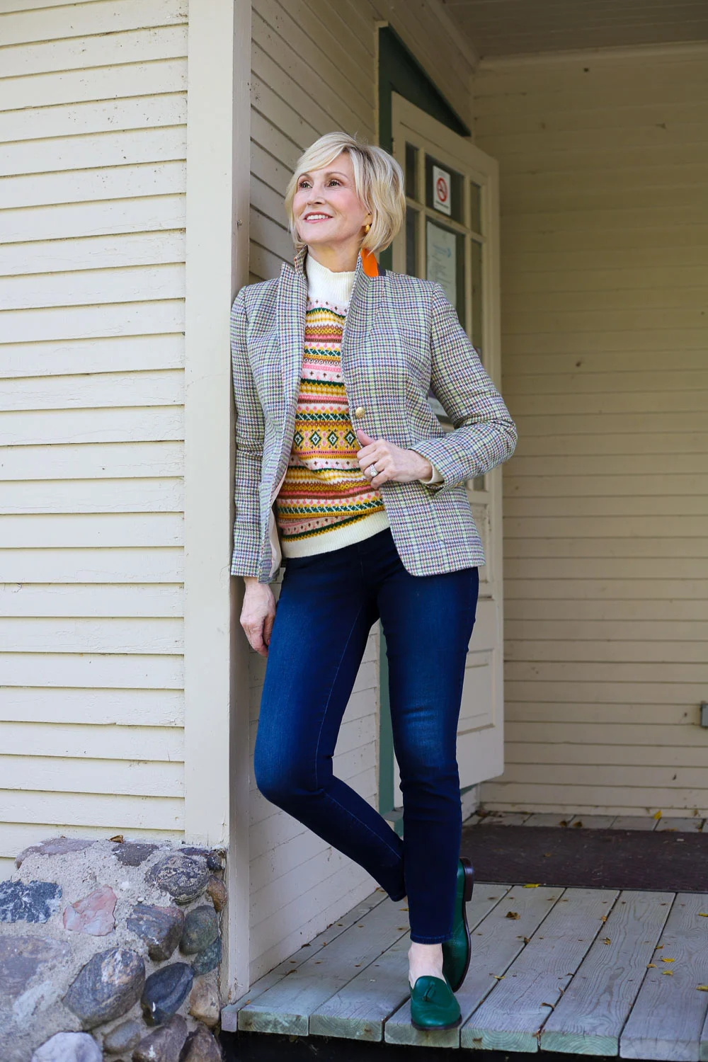 Patterned Knit Vest Adds Interest to a Plaid Blazer Look — Fair Outfits